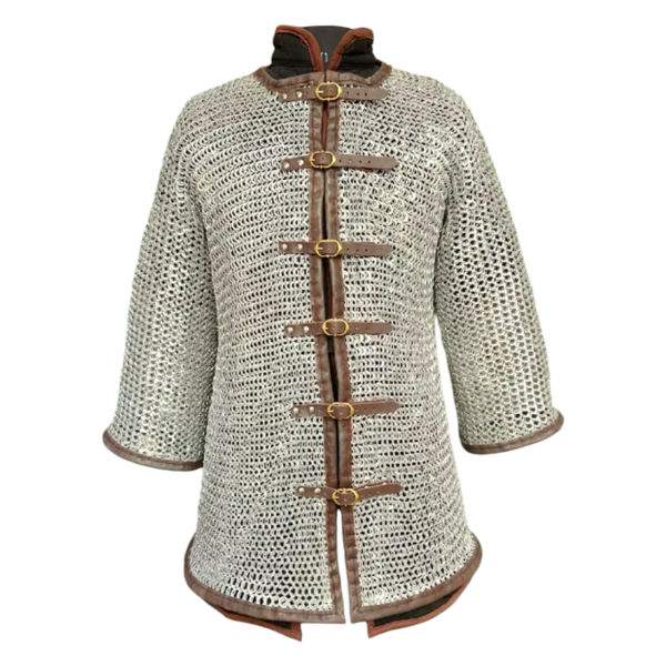 Aluminum Chainmail Shirt 10mm Riveted Rings with Brown Leather Edge Front Open Design