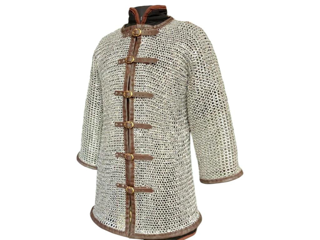 Aluminum Chainmail Shirt 10mm Riveted Rings with Brown Leather Edge Front Open Design