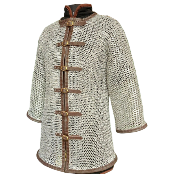 Aluminum Chainmail Shirt 10mm Riveted Rings with Brown Leather Edge Front Open Design